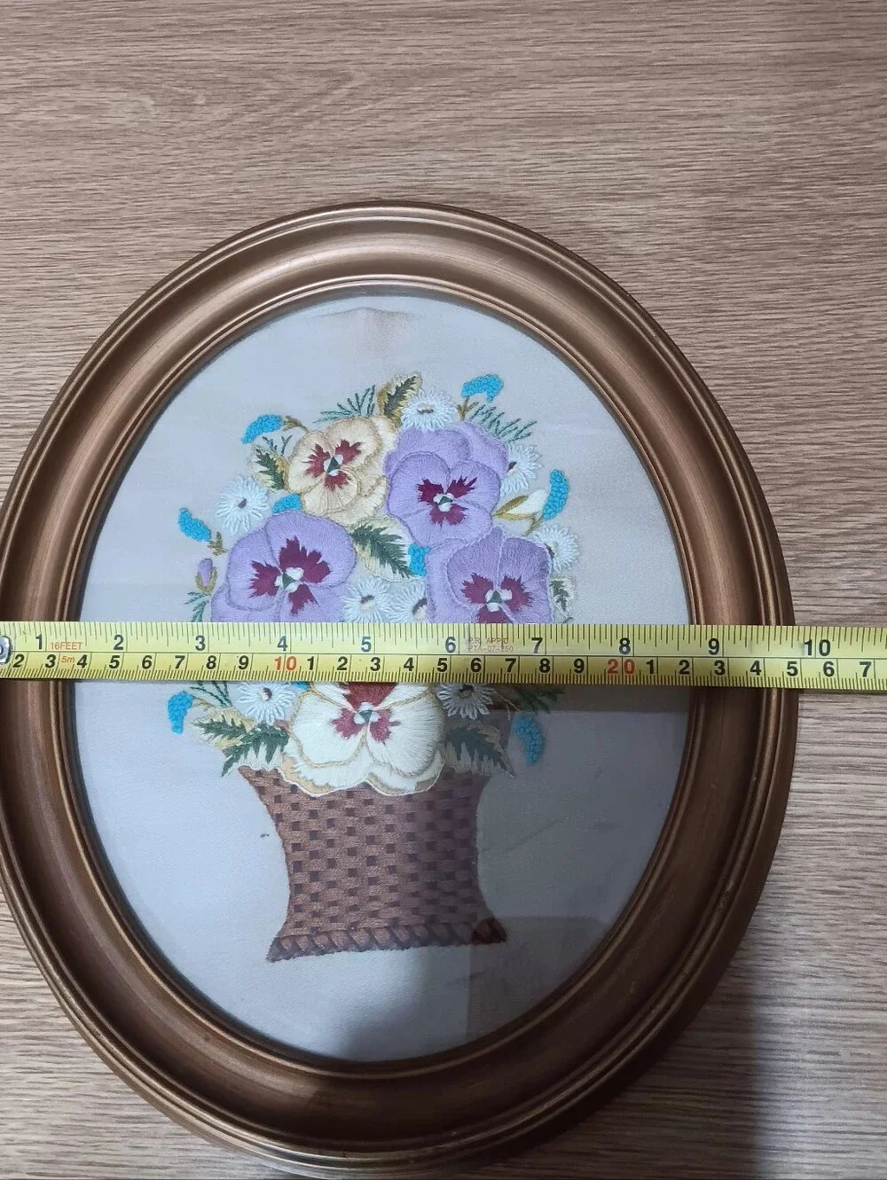 Vintage Completed Framed Floral Embroidery Wall Art - Purple and Cream Pansies